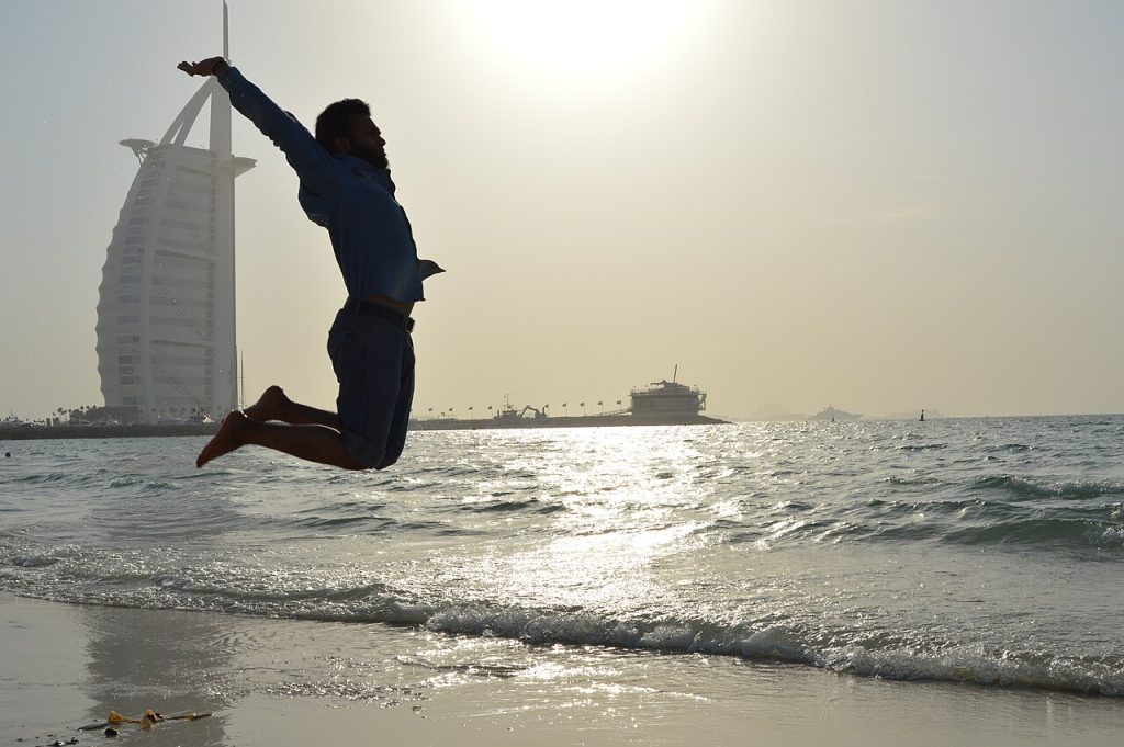 Burj Al Arab hotel viewed from the sea in Dubai