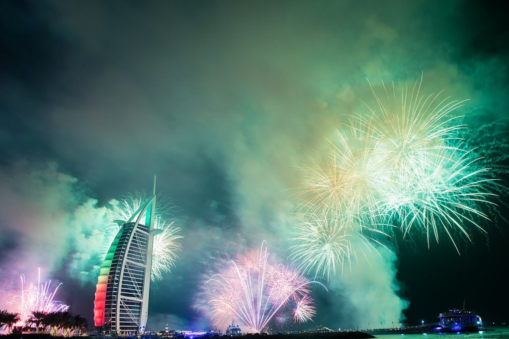 Burj Al Arab illuminated during New Year fireworks in Dubai