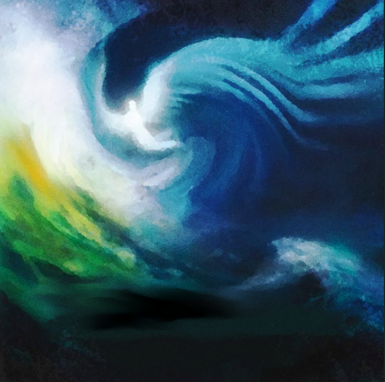 Abstract painting of an angel in blue, white and green
